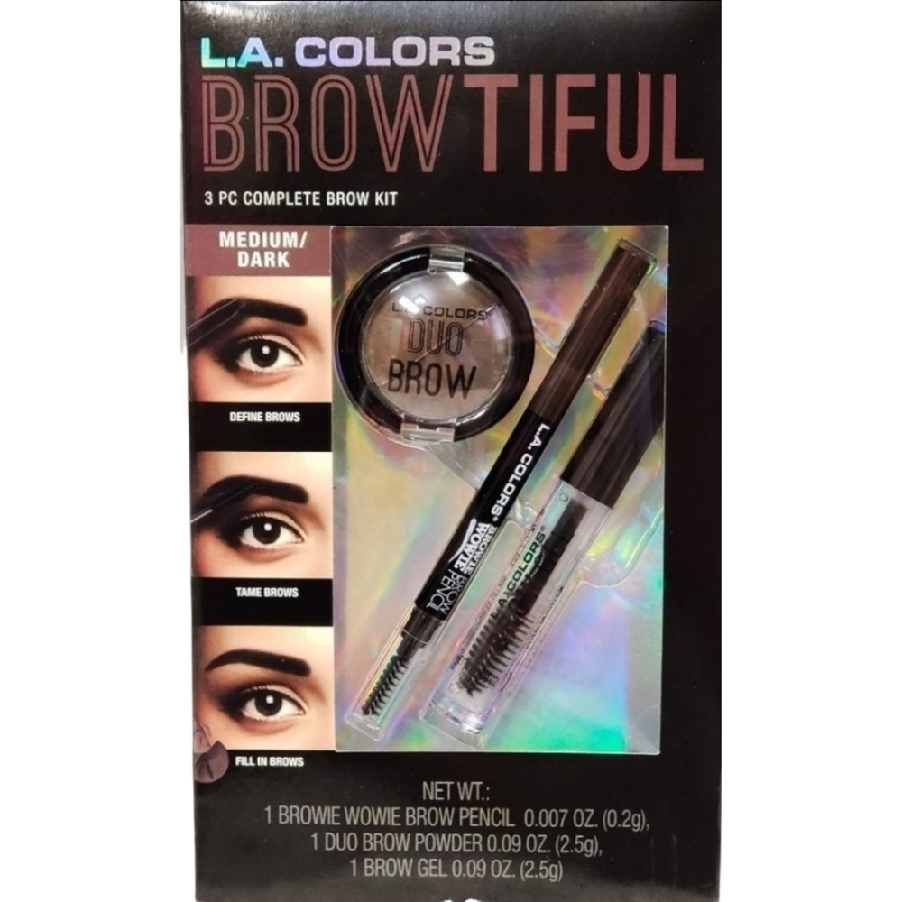 LA Colors Browtiful 3 Piece Complete Brow Set Medium Dark Brown Pencil Powder